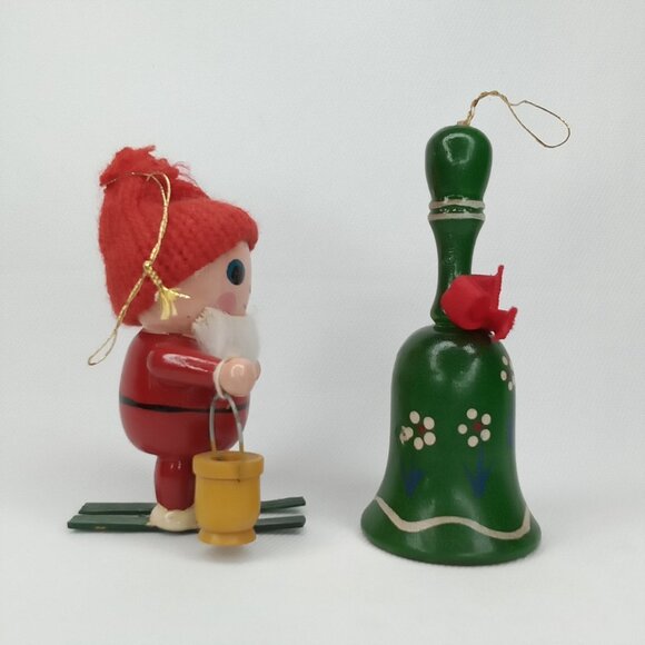 Vintage Christmas Ornament Set Of 2 Wood Bell & Santa On Skis Handpainted 1980s - Picture 7 of 10